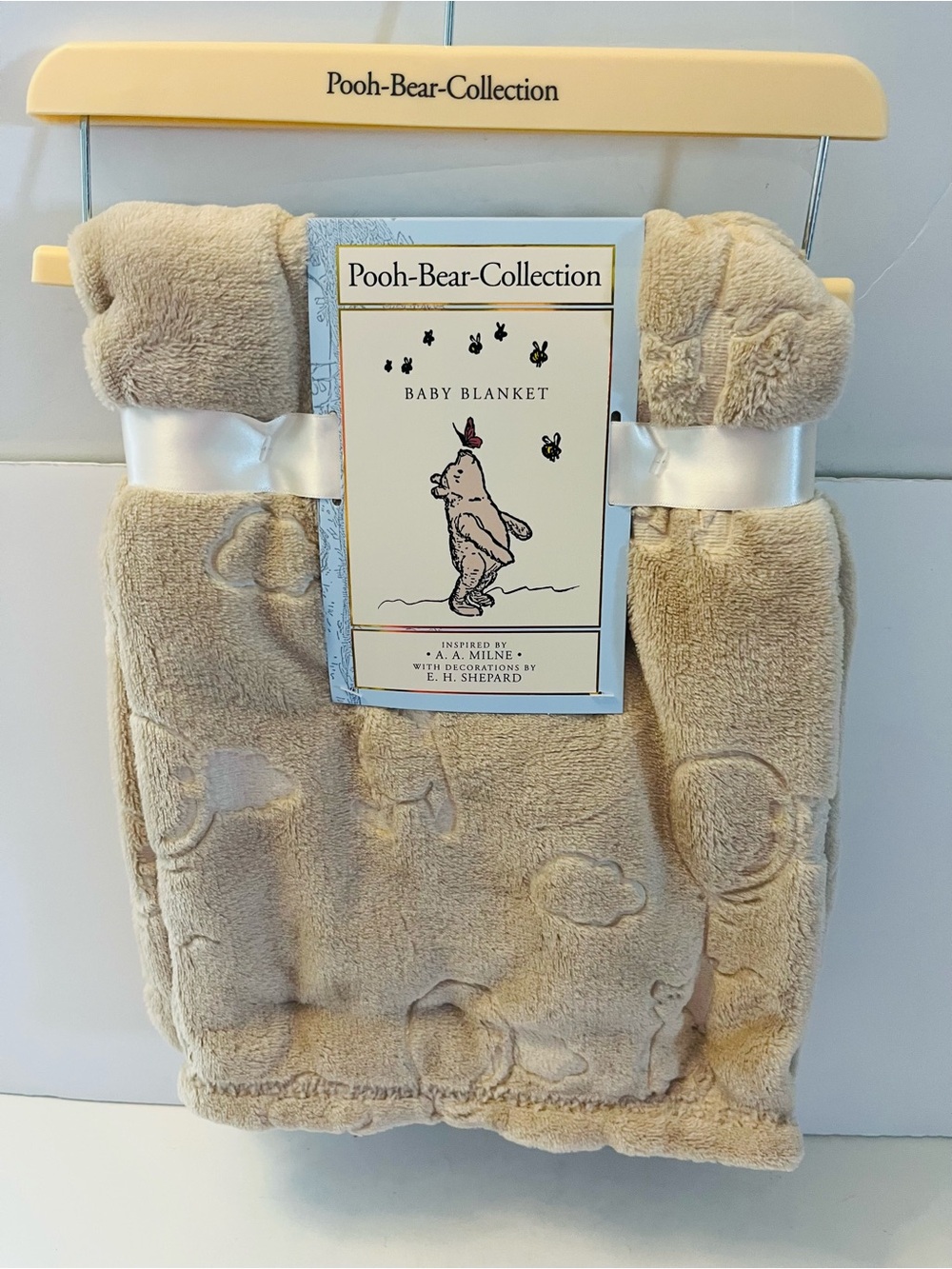 Winnie the Pooh Bear Collection Embossed Baby Blanket Pooh with Balloons Clouds